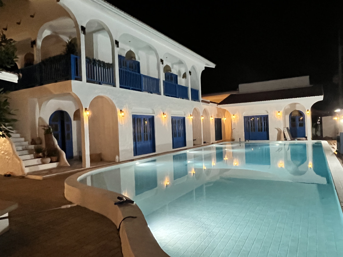 The pool lit up at night