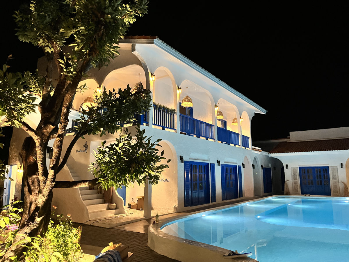 The main building at night