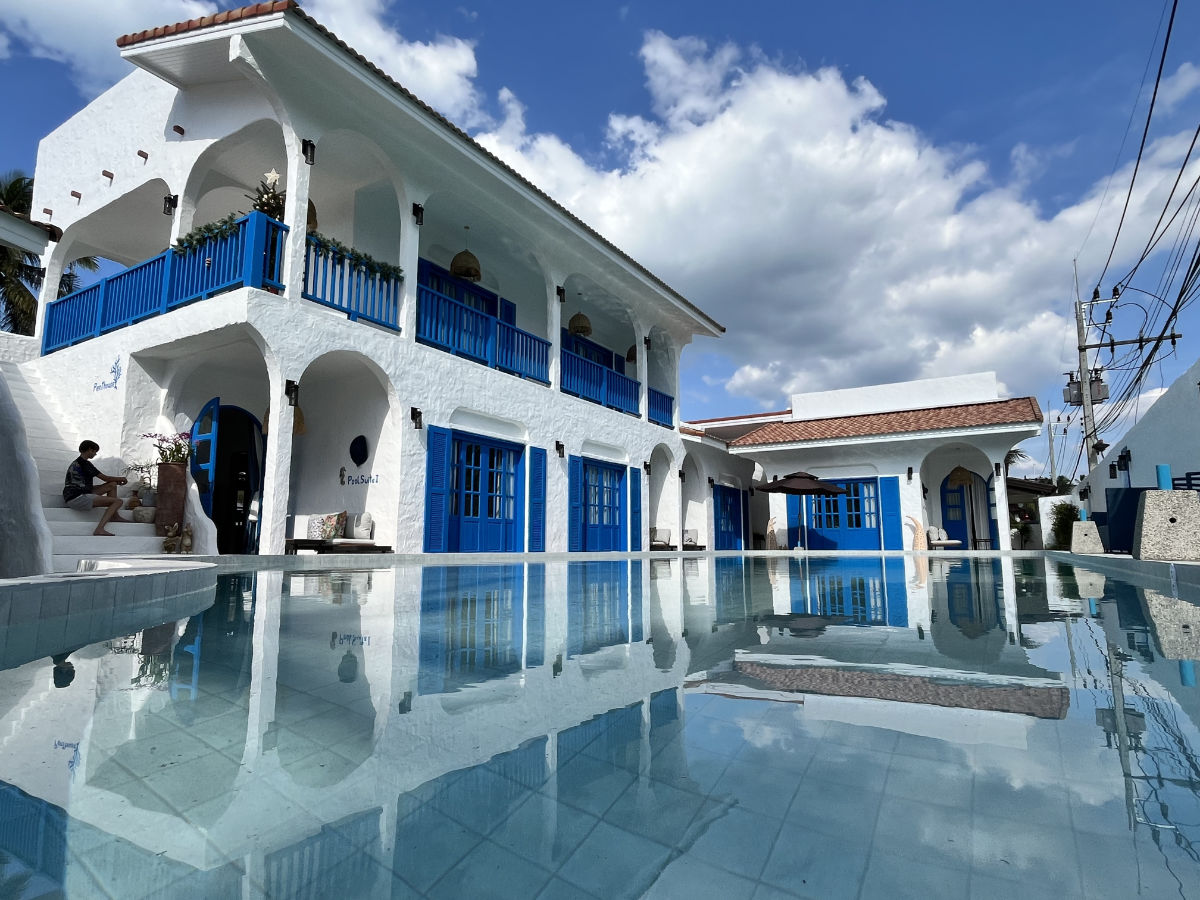 The main building and pool
